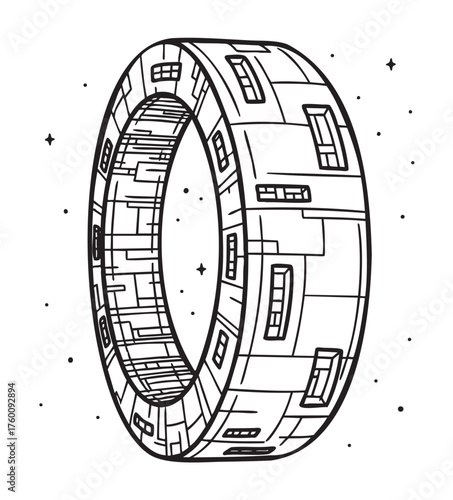 Black outline of a futuristic ring-shaped space station with geometric patterns and small rectangular windows scattered throughout its structure.