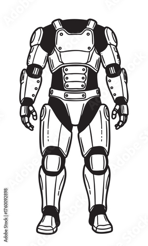 Black and white illustration of a futuristic robotic exoskeleton suit with intricate details, featuring armor plating on the arms, torso, and legs.