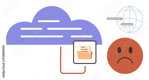 Cloud with a folder icon connected to a sad face and a global wireframe. Ideal for data loss, connectivity issues, cloud storage, internet challenges, emotions, digital risks, simple flat metaphor