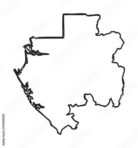 Black outline of the map of gabon, showcasing its distinct geographical shape with jagged edges.