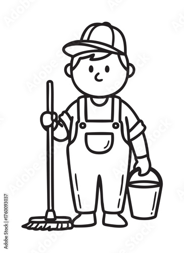 Simple black outline cartoon of a child wearing overalls and a cap, holding a mop and bucket, symbolizing cleaning chores.