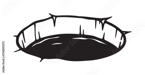 Black outline icon of a circular hole with jagged edges, resembling a cartoonish pit in the ground.