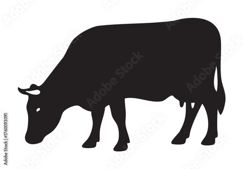 Silhouette of a grazing cow facing left, with distinct outline of its body and head, conveying a simplistic and classic farm animal motif.