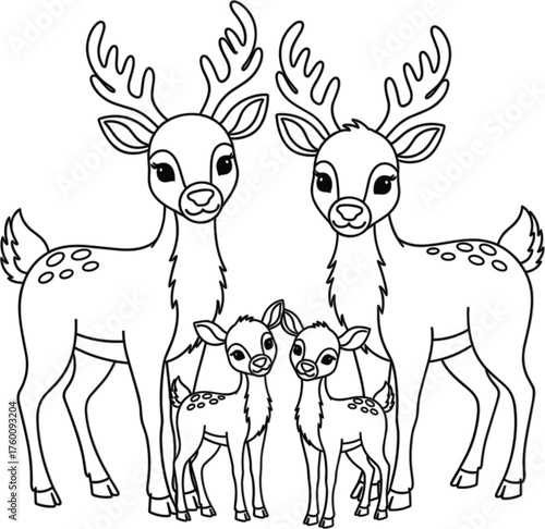 Charming black and white illustration of a deer family with two adult deer and two fawns
