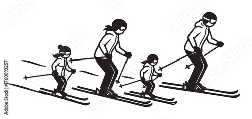Stylized black silhouette of a family skiing downhill, featuring two adults and a child using ski poles and wearing goggles.