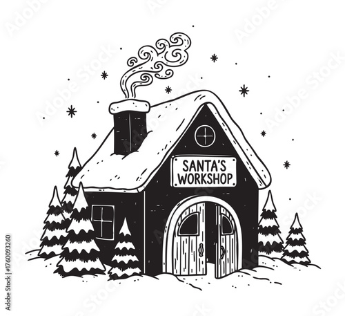 Black and white illustration of a snowy santa's workshop with smoke rising from the chimney surrounded by pine trees and snowflakes.