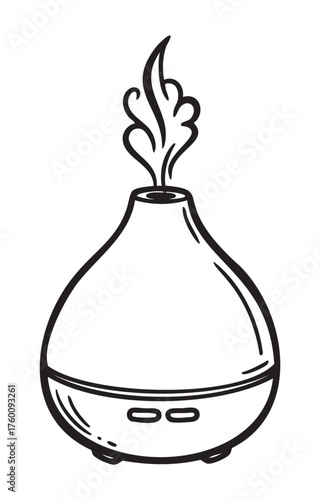 Black outline drawing of a compact essential oil diffuser emitting vapor from the top. simple design for wellness, aromatherapy, and relaxation concepts.