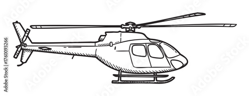 Black outline drawing of a helicopter viewed from the side, displaying rotor blades and landing skids in detailed line art.