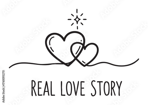 Black outline of two intertwined hearts with a star above, accompanied by the text "real love story"