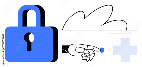 Large padlock next to cloud and robotic hand reaching toward a medical cross, symbolizing data security, healthcare tech, innovation, digital risk, and cloud storage. Ideal for cybersecurity