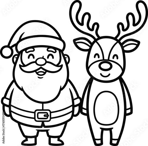 Charming black and white illustration of santa claus standing beside a friendly reindeer