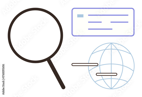 Magnifying glass near text box and global network grid highlights data analysis, research, connectivity, search function. Ideal for technology, communication, education, business, internet