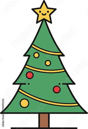 Charming cartoon christmas tree with a smiling star topper and festive ornaments