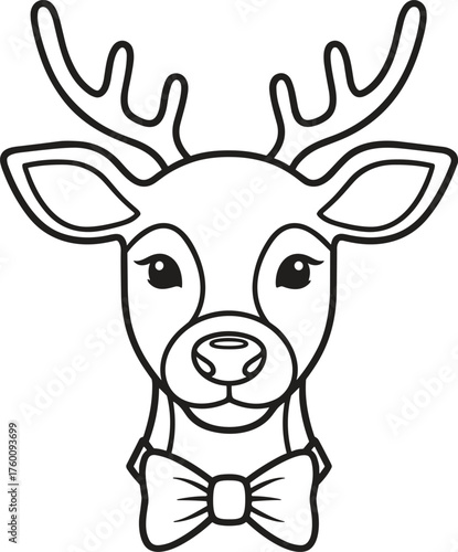 Charming black and white outline illustration of a deer wearing a bowtie