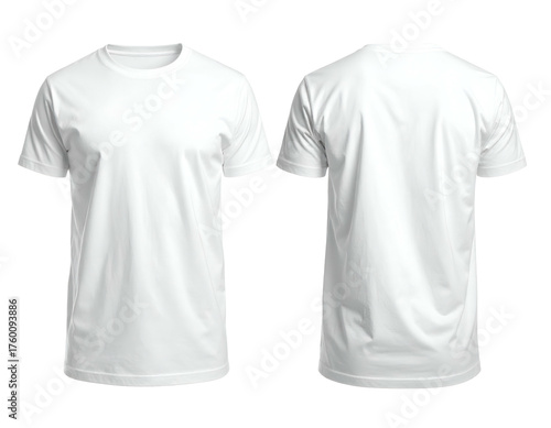 A front and back view of a plain white t-shirt laid flat against a transparent background