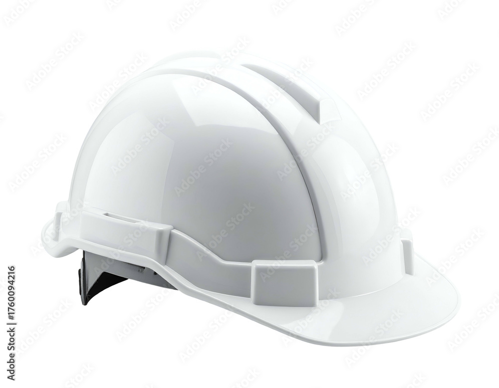 Fototapeta premium A clean, bright, white safety helmet with a rounded top and a brim, isolated on black