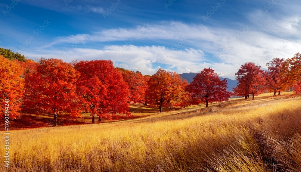 Naklejka premium Vibrant Autumn Landscape With Red Trees And Yellow Grass