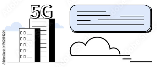 Tall building with 5G signage, informational text box, and cloud graphic representing communication, data sharing, and fast connectivity. Ideal for technology, innovation, wireless communication