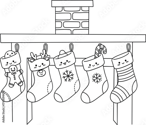 Charming christmas stockings decorated with festive designs hanging on a mantelpiece