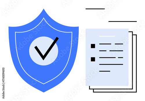 Blue shield with checkmark alongside stacked documents indicating protection, trust, and agreement. Ideal for privacy, legal compliance, safety, assurance, regulation, cybersecurity and validation