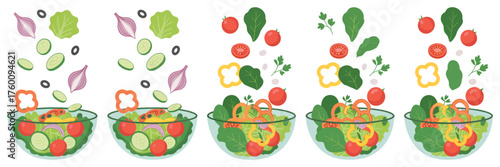Vegetable Salad Bowls Vector Set – Fresh Healthy Ingredients with Lettuce, Tomato, Herbs, Olive, and Egg for Cooking Concepts