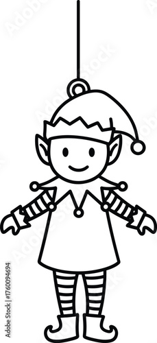 Charming hand drawn outline of a cute christmas elf character hanging as a festive ornament