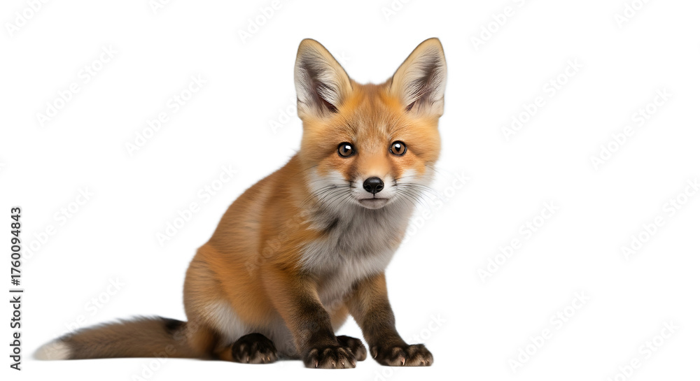 Obraz premium A curious young red fox cub sits patiently while looking forward on a Transparent Background