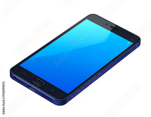 An isometric view of a modern smartphone with a bright blue screen against a black background