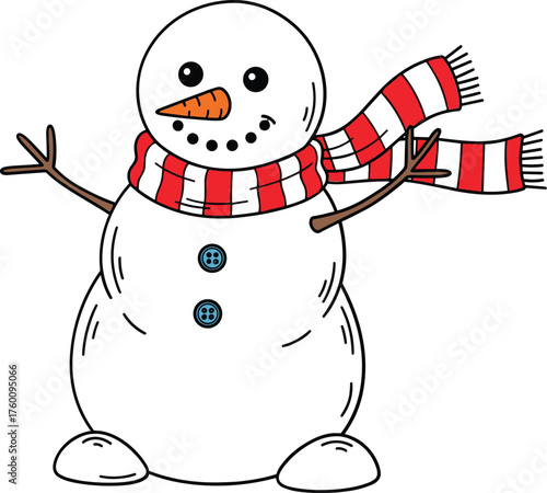 Charming hand drawn snowman character wearing a festive red and white striped scarf
