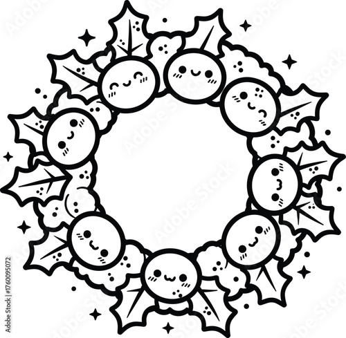 Charming hand drawn wreath with cute smiling berries and holly leaves