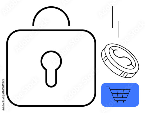 Padlock signifying security, coin illustrating transaction, shopping cart symbolizing e-commerce. Ideal for payment safety, e-commerce, online shopping, digital security, transactions, cyber