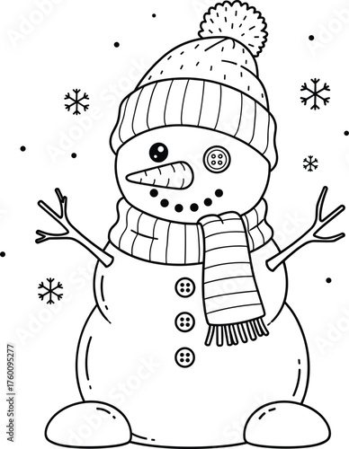 Charming winter snowman illustration wearing a cozy hat and scarf amidst falling snowflakes