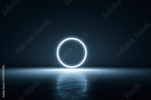 Abstract Background with Neon Circle Reflection in Dark Space: Modern Design Featuring Futuristic Geometric Shapes and Glow