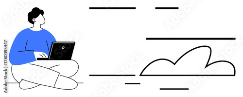 Seated individual working on a laptop, connected to an abstract cloud element. Ideal for remote work, cloud computing, online learning, data storage, collaboration, digital communication, simple flat