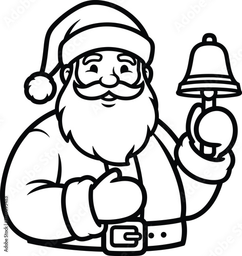 Classic black and white outline drawing of santa claus holding a festive christmas bell