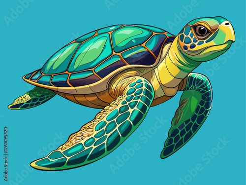 Realistic vector illustration of sea turtle swimming underwater, green shell texture, detailed flippers, isolated on light aqua background, marine nature art