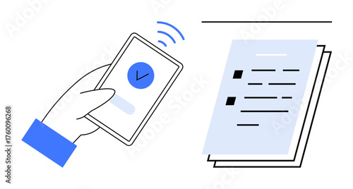 Hand holding smartphone with checkmark near digital file stack. Ideal for digital signature, document access, mobile authentication, paperless process, online verification, remote work, simple flat