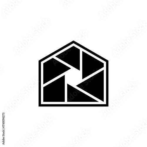 A stylized graphic of a house shape with a camera aperture design inside.