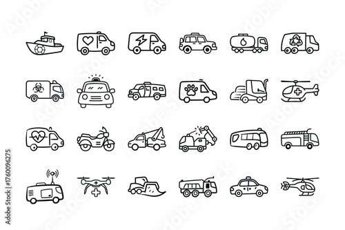 Emergency and Service Vehicles Vector Icon Set – Ambulance, Police, Fire Truck, Rescue, and Utility Transport Icons