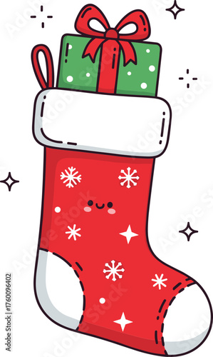 Festive red christmas stocking overflowing with a green gift and sparkles