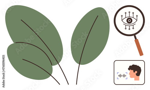 Leaves connected with AI eye in magnifying glass and voice recognition tech. Ideal for AI ethics, eco-tech, biomimicry, sustainability, machine learning, nature data insight, simple flat metaphor