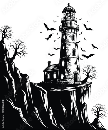 Eerie lighthouse perched on a cliff amidst a swarm of bats