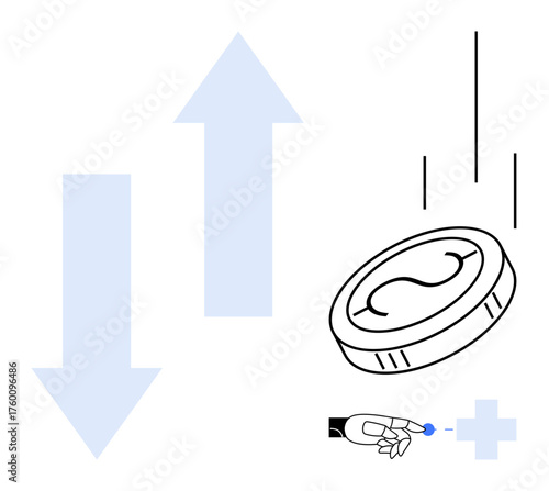Coin falling near robotic hand with upward arrows symbolizing digital transactions, economic growth. Ideal for fintech, artificial intelligence, investment, economy, innovation, cryptocurrency