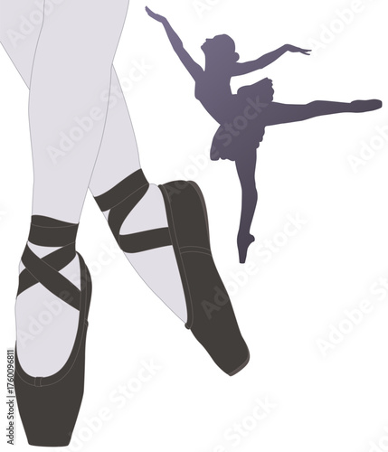 dance ballet, close-up of ballerina's black ballet shoes on point with dancer in silhouette in the background isolated on white