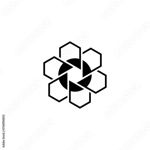 Stylized black and white icon of a camera aperture encircled by six interlocking hexagonal shapes.
