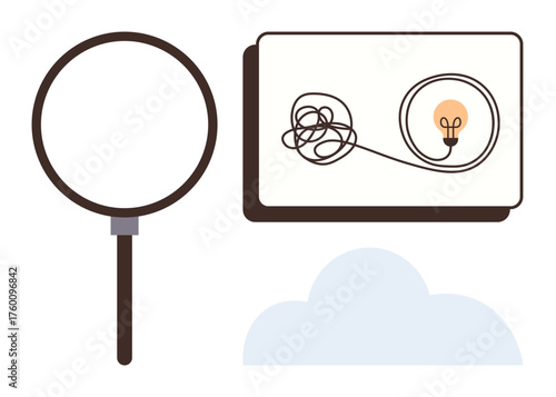 Magnifying glass near a light bulb icon with tangled wire on a board, symbolizing creativity, problem-solving. Ideal for innovation, brainstorming, research, clarity, exploration, discovery simple