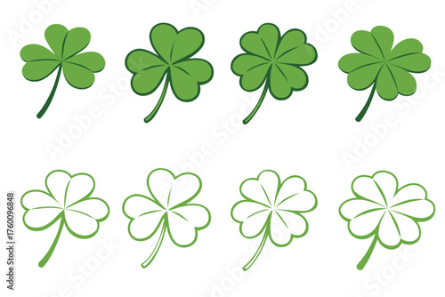 Set of icon Green cloverleaf isolated on a white background. Vector illustration cartoon flat	
