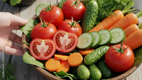 Close-up of a wooden bowl filled with various fresh vegetables on a wooden table