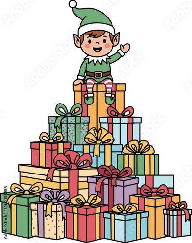 Joyful christmas elf perched atop a tower of colorful gift boxes ready for the holidays