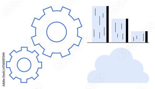 Gears symbolizing process automation, bar graph for data visualization, cloud representing cloud storage or computing. Ideal for technology, analytics, automation, innovation, workflow, progress